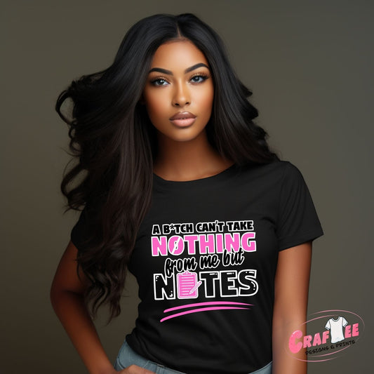 Front view of a funny adult graphic tshirt white pink and black lettering 