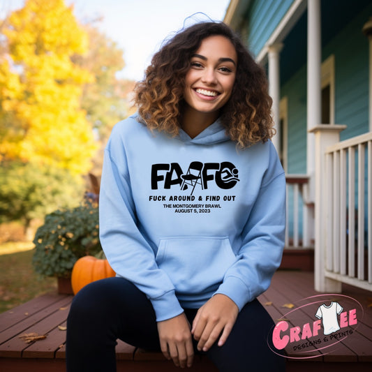 Front View of girl wearing FAFO Montgomery Brawl Hoodie - Craftee Designs & Prints